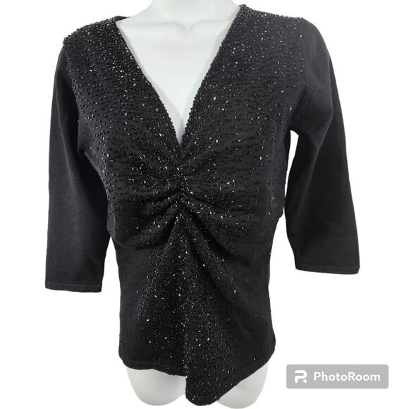 My Favorite Things Colleen Lopez Black Beaded 3/4 Sleeve V-neck Sweater XS - Picture 1 of 10
